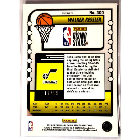 2023-24 NBA Hoops Premium Stock Rising Stars WALKER KESSLER Blue Disco 11/99 - Picture 2 of 2